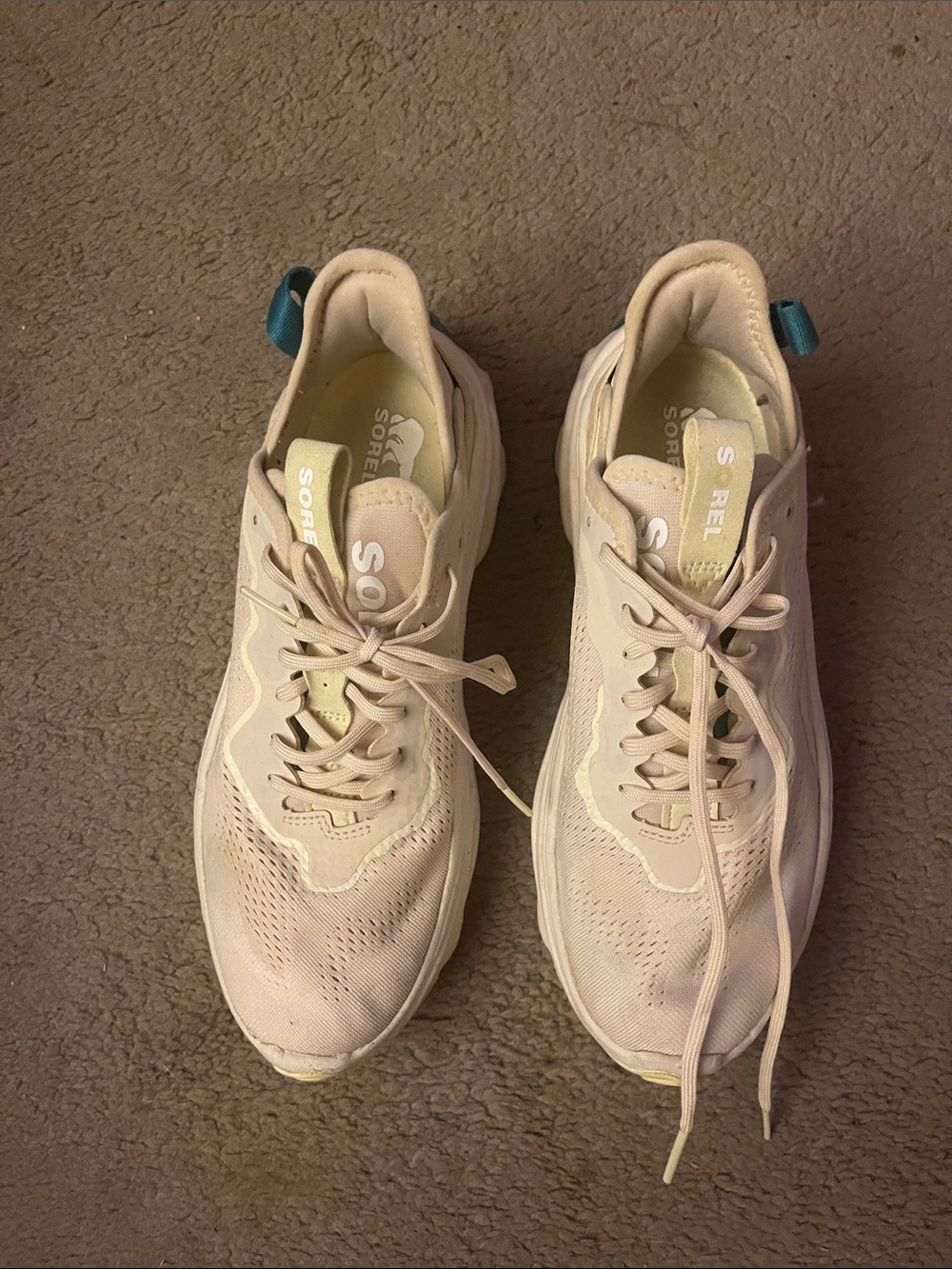 Sorel Women's Light Beige Athletic Sneakers with Teal Heel Loop - Size 9
